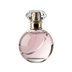 Elegant crystal capped pink perfume bottle isolated on a transparent background