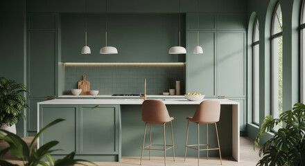 Serene Green Kitchen Interior with Island Seating and Natural Light a Modern Culinary Space with Earthy Tones and Minimalist Design for a Calm and Inviting Atmosphere