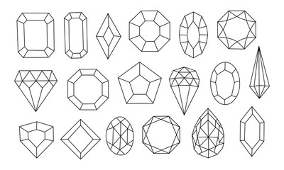 Gem icon vector set . Jewel diamond. Diamonds gems, luxury gemstones and precious crystals, faceted brilliant. Isolated vector line treasure icon set. Black outlines shapes of jewelry isolated