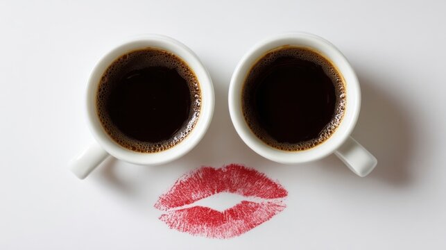 Two white mugs filled with black coffee placed side by side form an upside down heart shape with a red kiss print below.