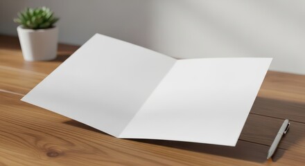 Blank Greeting Card on Wooden Table with Plant.