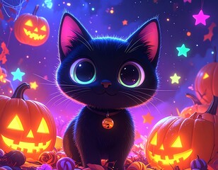 Fototapeta premium Charming black cat with glowing eyes amidst lit pumpkins and stars