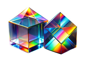 Two crystal prisms refracting light, creating a rainbow effect isolated on transparent background