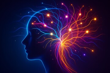 Abstract glowing neural network connecting inside human head silhouette with colorful light strands on dark background concept of intelligence. Ai generative