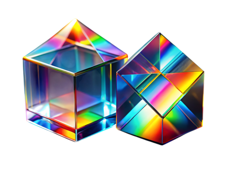 Two crystal prisms refracting light, creating a rainbow effect isolated on transparent background