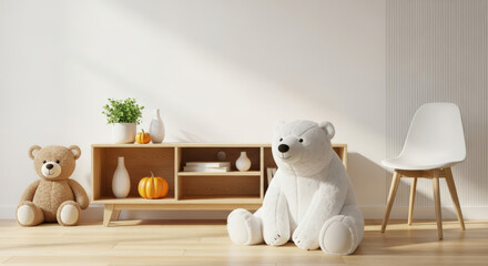 Playful Interior with Teddy Bears and Modern Chair A Cozy and Child Friendly Room Design with Soft Toys and Minimalist Furniture Arrangement