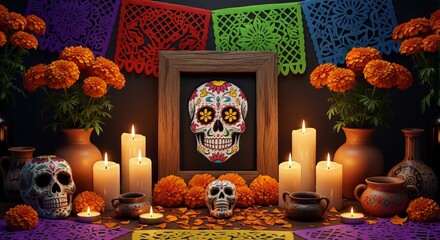 A vibrant ofrenda adorned with marigolds, candles, and sugar skulls celebrates the day of the dead tradition