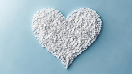 Heart shape made of white pills on a blue background.