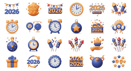 Cute 3D Happy New Year 2026 Icon Set: Clocks, Fireworks, Gifts, Banners, Stars Celebration Illustrations