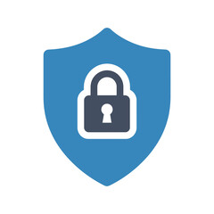 A blue shield icon with a dark gray padlock in the center, symbolizing digital security and data protection.