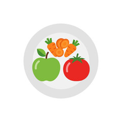 A top-down view of a white plate with a green apple, a red tomato, and sliced carrots.