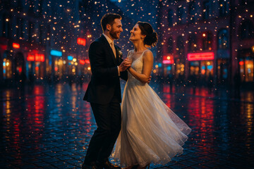 Romantic wedding couple embracing in city night with confetti