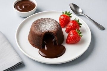 Delicious molten chocolate lava cake with fresh strawberries and powdered sugar on white plate over soft light background with spoon and napkin. Ai generative
