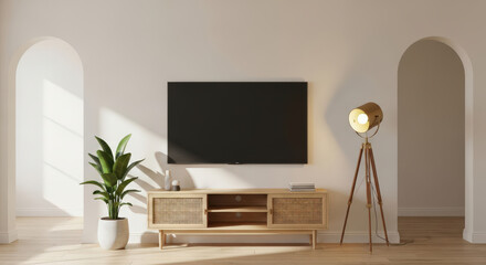 Modern Living Room with a Large Television, Wooden Console Table, and Potted Plant Against a White Wall with Arched Doorways Creating a Bright and Airy Interior Space