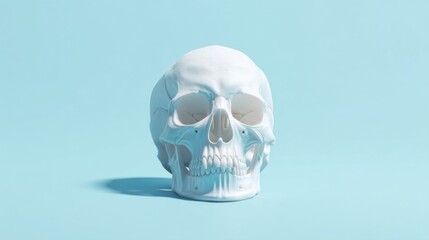 Obraz premium A white skull model with defined contours stands against a solid blue background, featuring eye sockets, nasal cavity,