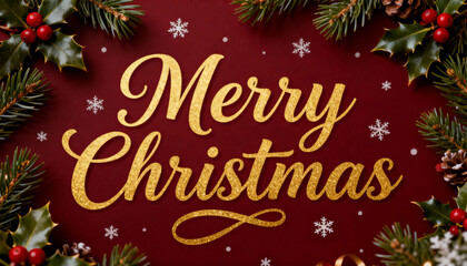 Merry Christmas text with festive pine and holly decoration