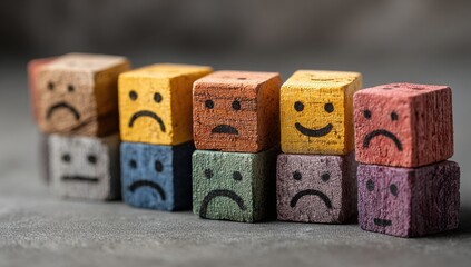 Colorful wooden blocks with various painted emotions, representing feelings like sadness, joy, and neutrality, perfect for mental health concepts