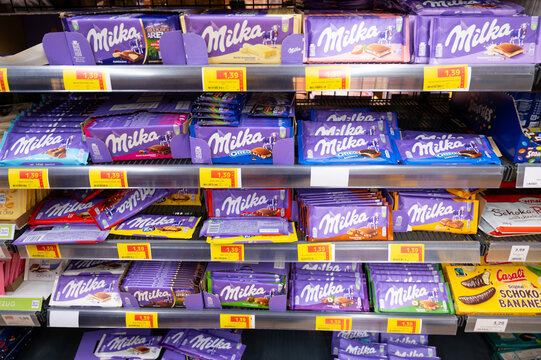 Milka chocolate assortment at store shelves in supermarket in Trier, Germany, price increase, inflation