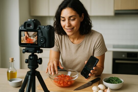 Woman filming a food vlog in modern kitchen using camera and smartphone while preparing fresh ingredients on wooden table with light background. Ai generative