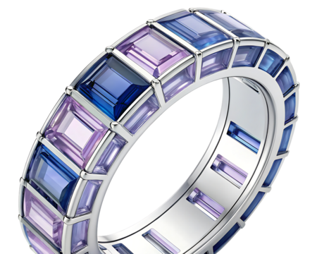 Elegant eternity ring isolated on transparent background with alternating sapphire colors