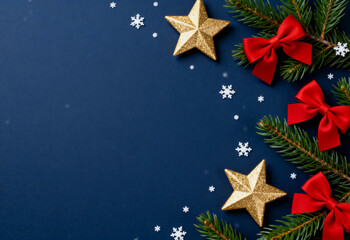 Festive Christmas background with red bows and gold stars on blue