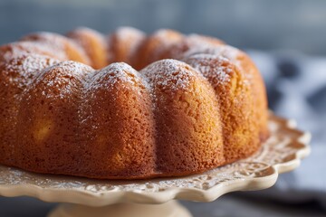Golden bundt cake with powdered sugar on ceramic stand in rustic kitchen light