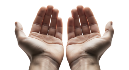 Open human hands isolated on transparent background, offering or receiving something, palms up, concept of giving, sharing, support, or generosity