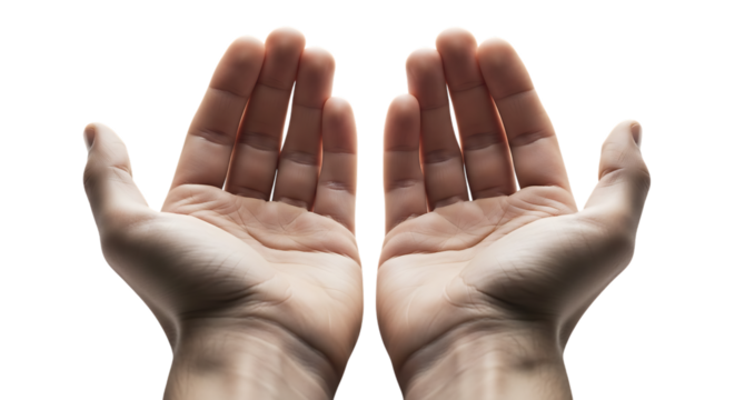 Open human hands isolated on transparent background, offering or receiving something, palms up, concept of giving, sharing, support, or generosity