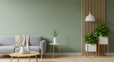 Serene Living Room Interior with Sage Green Walls, Modern Furniture, and Natural Light Accents Creating a Calm and Inviting Atmosphere for Relaxation