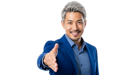 Smiling businessman extending hand for handshake isolated on transparent background, offering a warm welcome and professional partnership