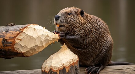 Focused Beaver meticulously gnawing on wood for dam construction project