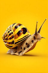 Colorful striped snail on a vibrant yellow background, showcasing its unique shell patterns
