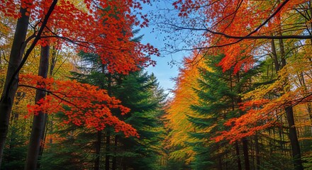 Vibrant autumn foliage creates a colorful canopy over a forest path, with red maple leaves and green pine trees
