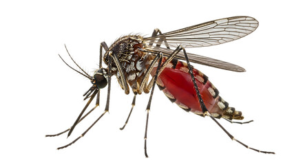 Aedes aegypti mosquito with a full abdomen of blood isolated on transparent background, a vector of dengue, chikungunya, zika and yellow fever viruses