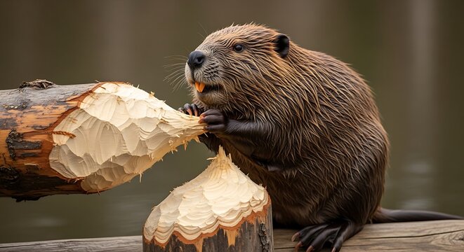 Focused Beaver meticulously gnawing on wood for dam construction project