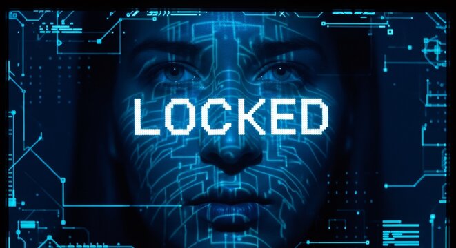 Woman's face with LOCKED text. Face recognition technology used for security system. Cybercrime, data protection and digital privacy.