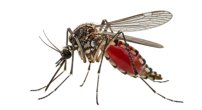 Aedes aegypti mosquito with a full abdomen of blood isolated on transparent background, a vector of dengue, chikungunya, zika and yellow fever viruses