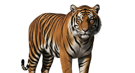 Obraz premium Isolated on transparent background, a majestic tiger stands tall, its striking stripes and powerful presence capturing the essence of the wild