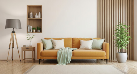 Stylish Living Room with Mustard Sofa, Tripod Lamp, and Wooden Accents Creating a Warm and Inviting Atmosphere for Relaxation and Socializing at Home