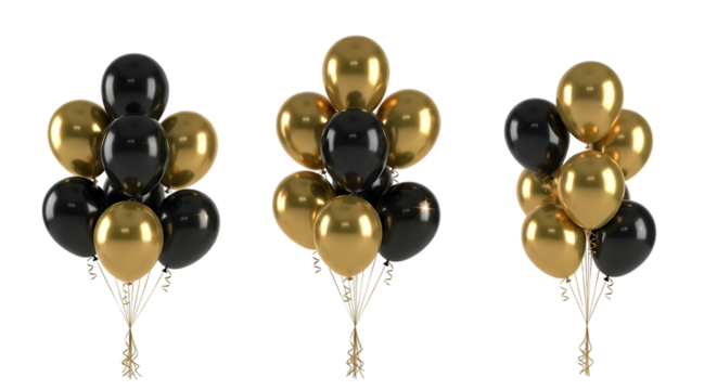 Three bunches of elegant black and gold balloons isolated on transparent background, perfect for adding a touch of sophistication to any celebration
