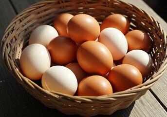 Farm fresh eggs in a wicker basket, showcasing natural brown and white varieties on wood surface