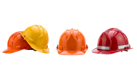 Three colorful hard hats isolated on transparent background, including orange, yellow, and red, for construction, safety, and industrial work environments