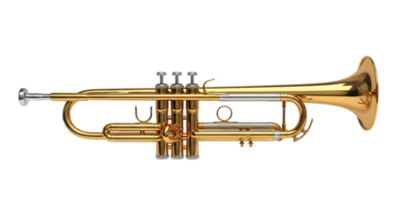 A shiny gold trumpet isolated on transparent background, a brass instrument used in jazz, classical, and popular music, showcasing its elegant design