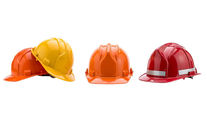 Three colorful hard hats isolated on transparent background, including orange, yellow, and red, for construction, safety, and industrial work environments - Powered by Adobe