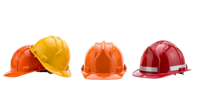 Three colorful hard hats isolated on transparent background, including orange, yellow, and red, for construction, safety, and industrial work environments