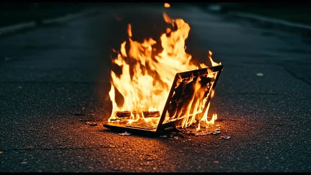 Laptop on fire burning on asphalt road at night.