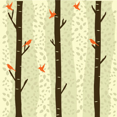 Seamless forest pattern with birds and tree trunks vector illustration