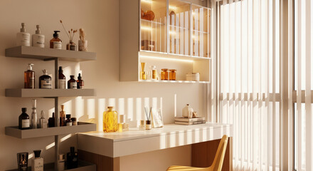 Modern Vanity Table with Cosmetics, Perfumes, and Storage Cabinets Bathed in Natural Light from Window Blinds for a Contemporary Interior Design