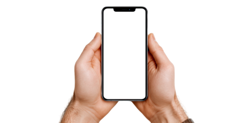 Smartphone held in hands, blank screen