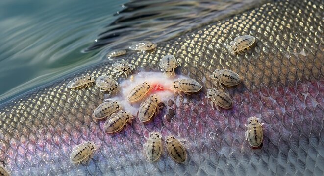 Fish lice infestation on a trout, showing parasitic copepods attached to the fishs scales and skin.